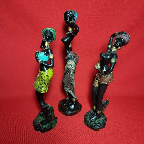 Vintage African Tribal Lady Woman Resin Figure Sculpture Decor Set of 3 - Picture 3 of 12